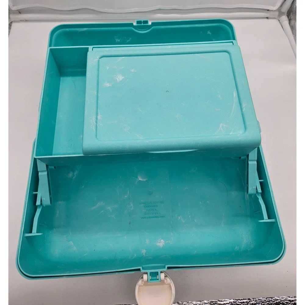 Caboodles Vintage‎ Teal Marble Swirl Carry All Cosmetic Makeup Organizer Case